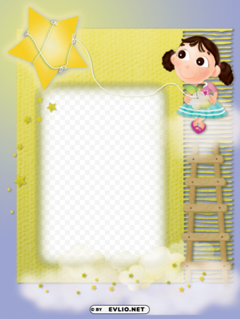 yellow kids transparent frame with girl and star PNG file without watermark