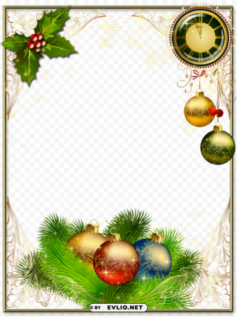 christmas photo frame with christmas balls and clock PNG images with no watermark