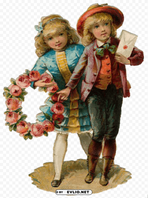 two victorian vintage kids PNG transparent pictures for editing