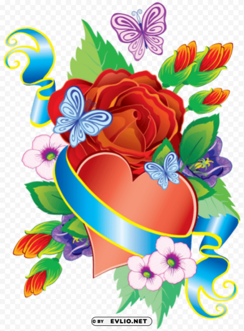 heart and flowers decorative element ClearCut Background PNG Isolated Subject