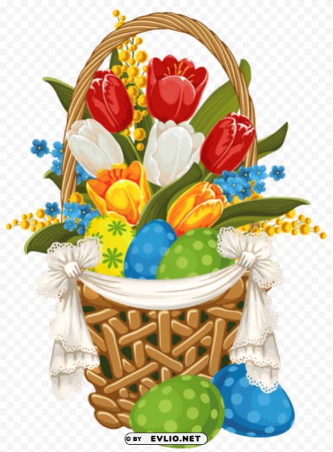 painted easter basket with easter eggs PNG Graphic with Clear Background Isolation