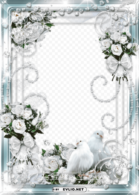 beautiful delicate wedding transparent photo frame with white roses and doves Clean Background Isolated PNG Character