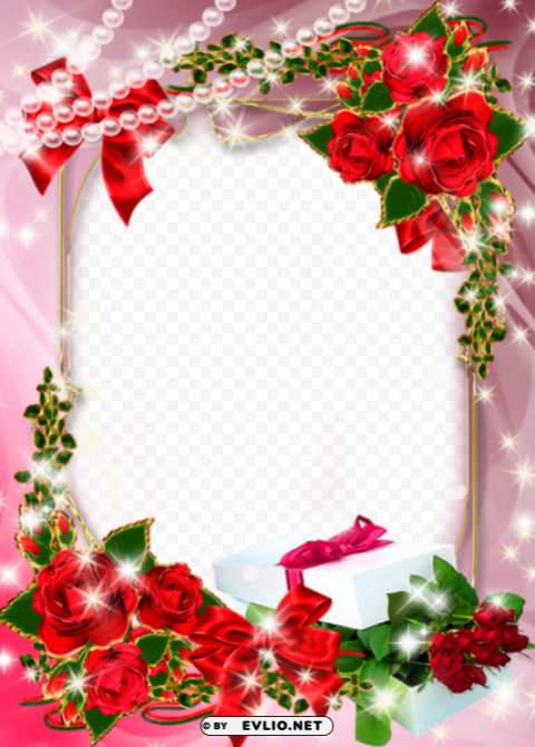 beautiful pink photo frame with roses and gift Transparent picture PNG