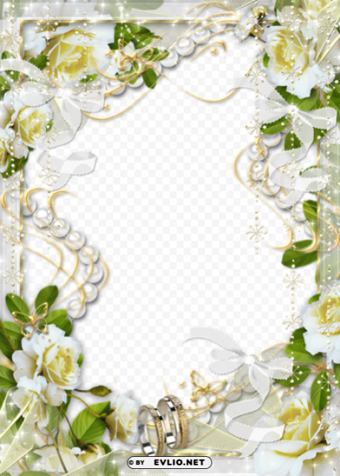 beautiful transparent soft white wedding photo frame with white flowers Clean Background Isolated PNG Design