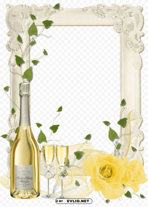 delicateframe with yellow roses and champagne Free transparent background PNG