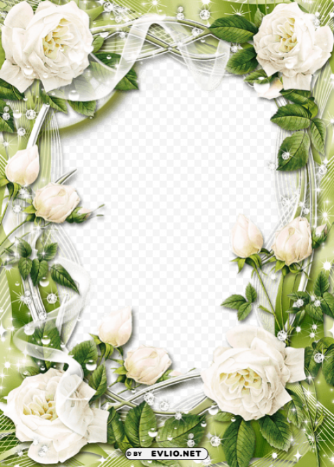 greenphoto frame with white roses PNG images with cutout