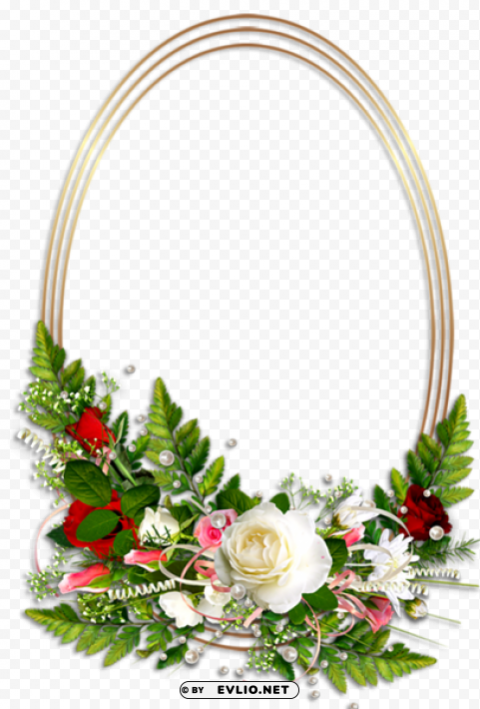 Oval Transparent Photo Frame With Flowers Clear Background PNG Isolated Design Element