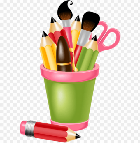 School supplies inside a green cup PNG for business use