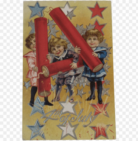 1910 4th of july postcard embossed children and firecrackers - cartoo Isolated Artwork in HighResolution Transparent PNG