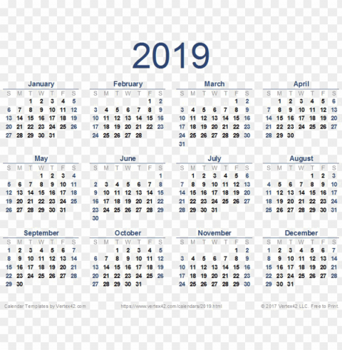 2019 Calendar Image - Calendar Template 2019 Pdf PNG Isolated Object With Clarity