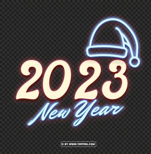 2023 new year with santa hat neon style Transparent Background Isolation of PNG