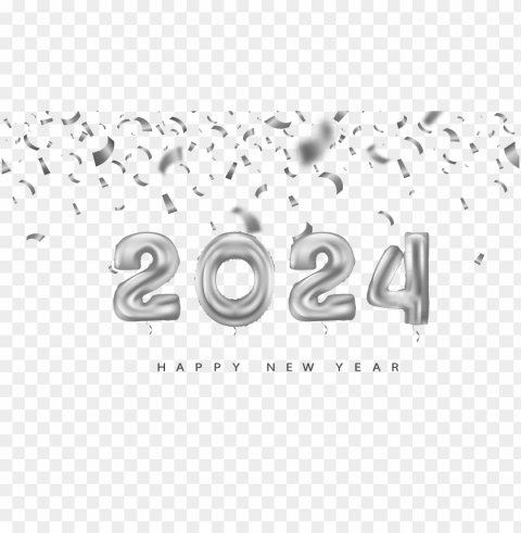 2024 happy new year silver balloon design with confetti hd PNG images with alpha transparency free