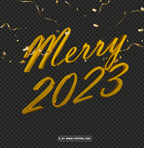 3d gold merry 2023 with confetti PNG Graphic Isolated on Clear Backdrop