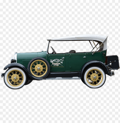 a side elevation of an old timey car parked outside - old car side Transparent Background PNG Isolated Element