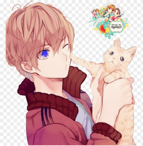 anime boy cute - anime boy with cat Transparent graphics