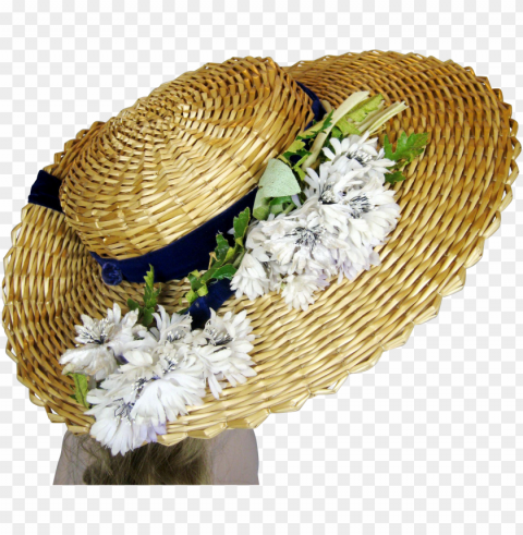 antique 1910s wide brimmed ladies edwardian straw hat - bouquet PNG files with no backdrop required
