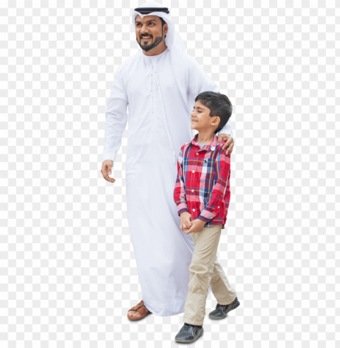 arab dad and son walking in traditional fashion - family walking cut out Isolated Object on Transparent PNG