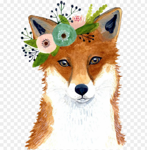 art watercolor drawing fox foxes foxy - animal flower crown art Isolated Object in Transparent PNG Format