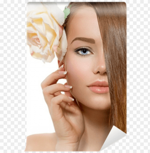 beautiful model with rose flower touching her face - face Clear Background PNG Isolated Illustration