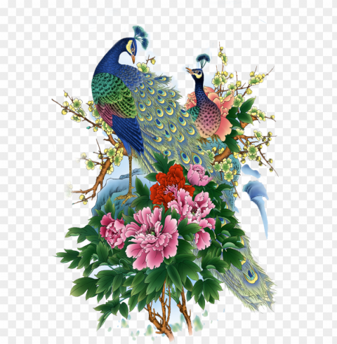 Bird Clipart Format Peonies Peacock Clip Art - Paintings Of Birds And Flowers Clear Background Isolated PNG Illustration