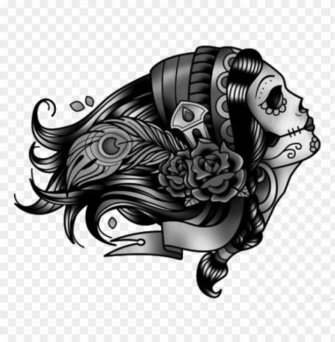 black drawing side woman face tattoo flowers Isolated Artwork with Clear Background in PNG