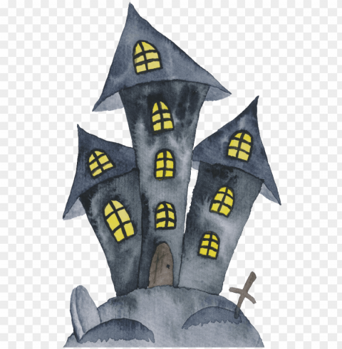 black hand painted haunted house halloween transparent - watercolor halloween clipart PNG images without BG