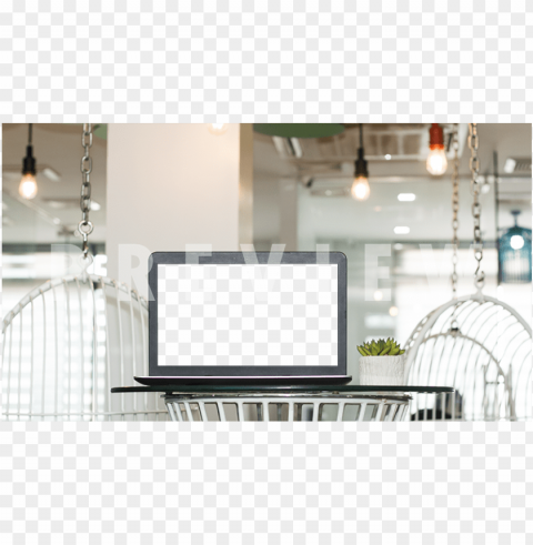 black laptop mockup on a glass table in a casual home - interior desi PNG images with clear alpha channel