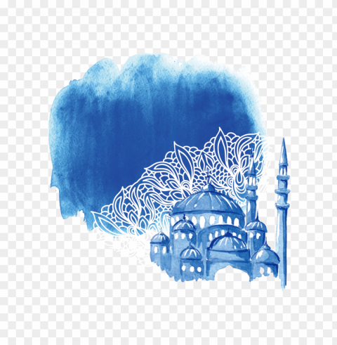 blue watercolor mosque islamic Isolated Object in Transparent PNG Format