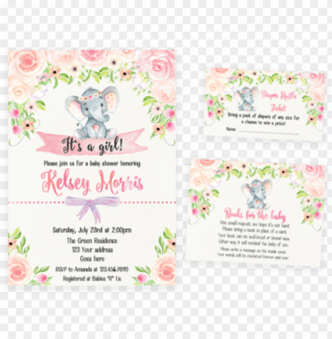 blush pink floral elephant baby shower invitation pack Transparent PNG Isolated Graphic Detail