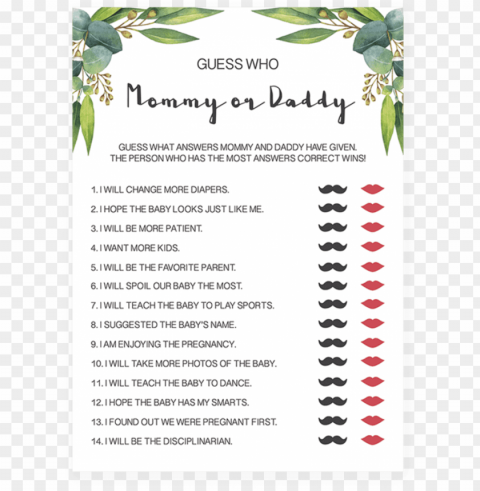 botanical baby shower mommy or daddy game printable - emoji baby shower game HD transparent PNG