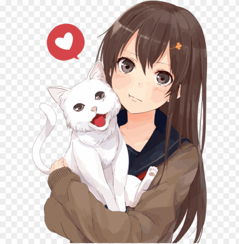brown hair anime catgirl drawing - anime girl with cat Isolated Design Element in Transparent PNG