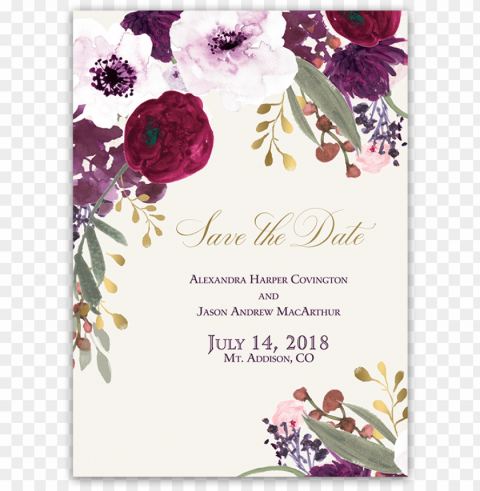 burgundy gold floral boho wedding save the date - blush floral wedding invitatio PNG with Transparency and Isolation