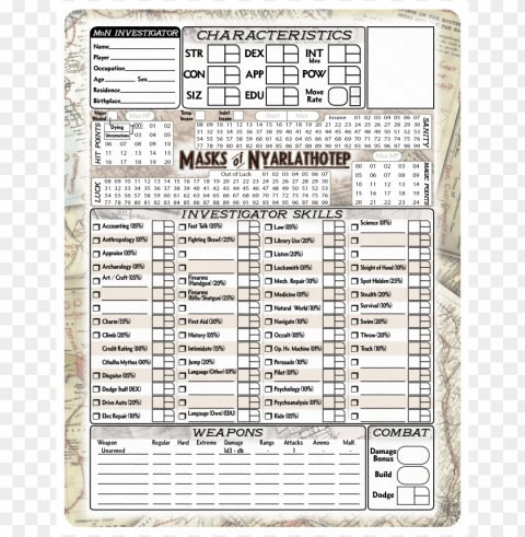 call of cthulhu 7th edition masks of nyarlathotep sheet - call of cthulhu 7th edition sheet Isolated Character with Transparent Background PNG
