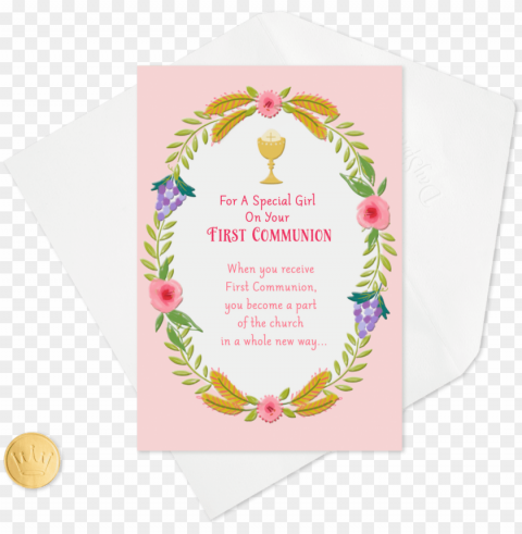 chalice and wreath of flowers first communion card - first communio PNG with no bg