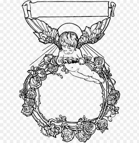cherub rose wreath ex libris - free download angel wings frame Clean Background Isolated PNG Art