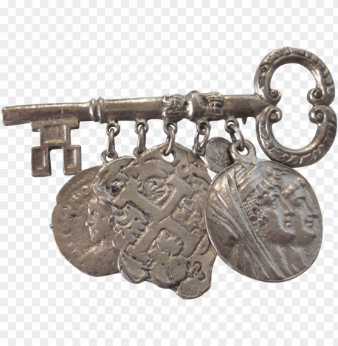 chunky vintage key with coin dangles silvertone brooch - antique Isolated Item in Transparent PNG Format