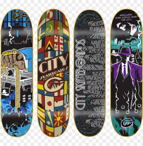 city skateboards deck graphics from left to right - all city skateboard graphics PNG images with no background comprehensive set