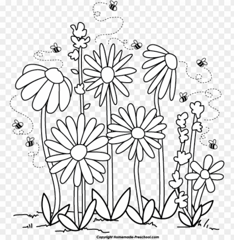 click to save image - flowers with bees drawi Transparent PNG Isolated Graphic Detail