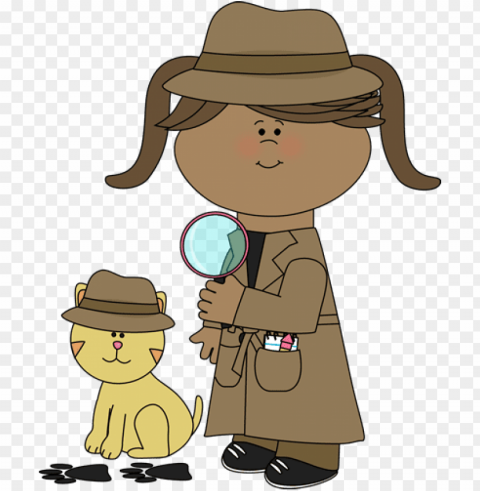 clip art free girl following clues with her pet cat - kid detective clipart Transparent PNG images set