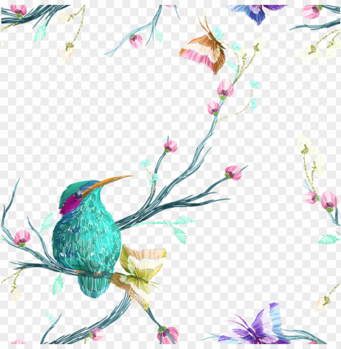 colorful flowers and birds vector - painted birds and flowers on white Isolated Element with Clear Background PNG
