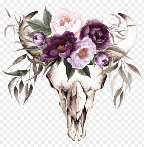 cow skull with purple flowers transfer - plum color floral wedding invitations PNG transparent photos for design