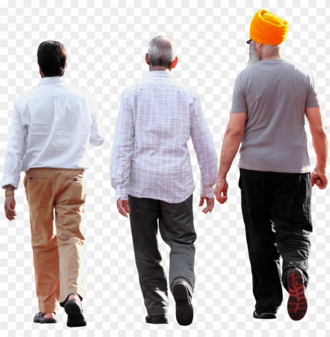 cropped three men walking - group people walking Clean Background Isolated PNG Design
