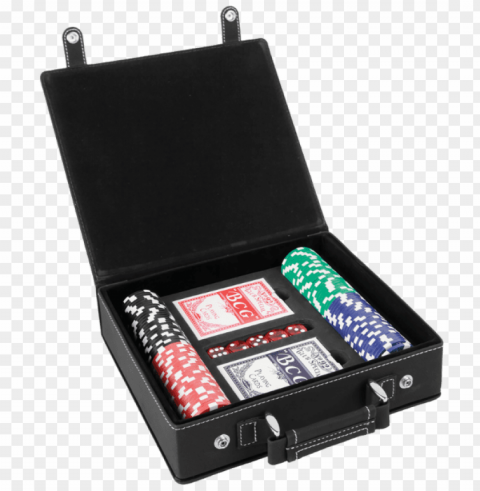 customizable leatherette poker set with cards dice - personalized black & gold 100 chip poker set Alpha channel transparent PNG