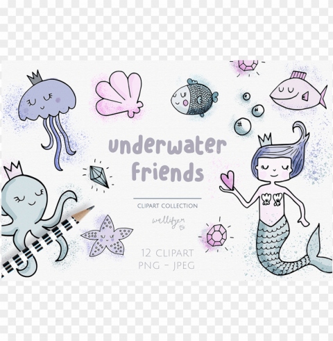 cute digital watercolor mermaid clipart collection - watercolor painti Isolated Item with Transparent PNG Background
