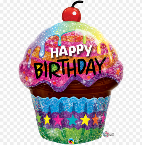 dazzling holographic birthday cupcake balloon - happy birthday cupcake foil mylar balloo Free PNG
