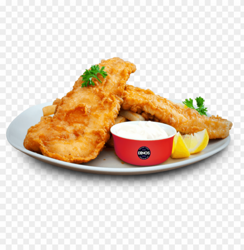 dinos fish and chips food - fry fish in batter Isolated Graphic on HighQuality PNG