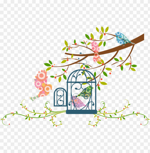 drawn birdcage branch - tree vector with birds cage Transparent PNG Isolated Graphic with Clarity