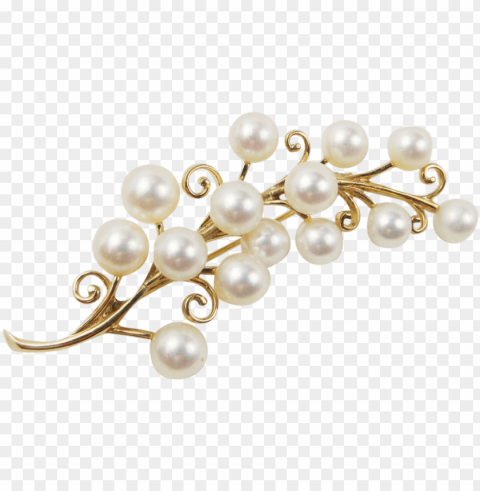 earl brooch - mikimoto 14k yellow gold akoya pearl flower sprig branch Transparent Background Isolation in PNG Image