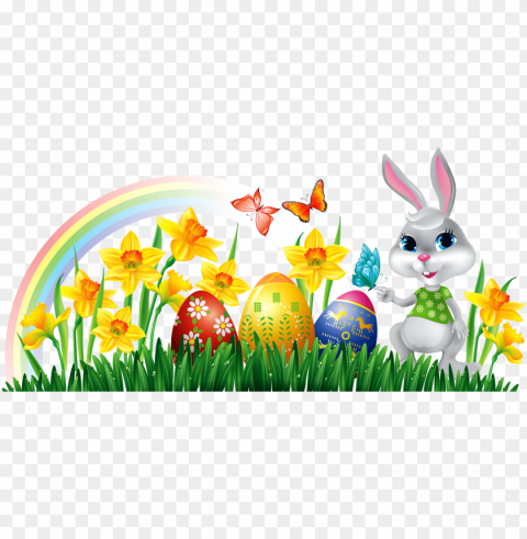 easter bunny with eggs clipart free border - easter bunny with eggs clipart Transparent PNG Isolated Graphic Detail