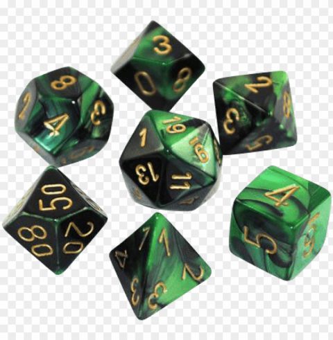 emini polyhedral black green gold x7 - green black rpg dice Isolated Character on HighResolution PNG